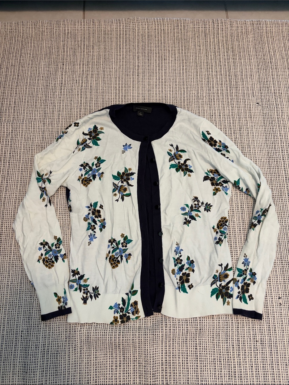 Ann Taylor Floral Cardigan with Navy Trim